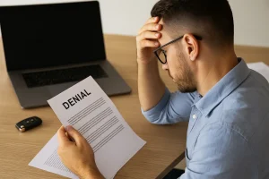 Frustrated man reading an insurance claim denial letter at his desk.