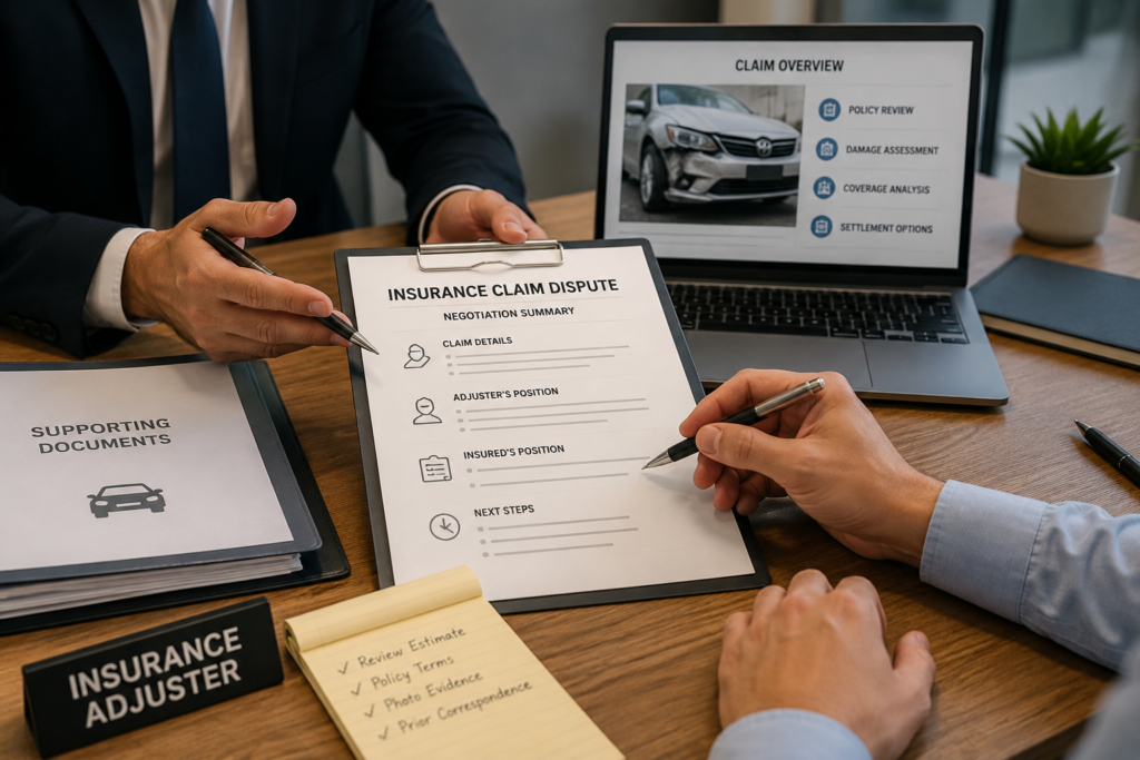 Person reviewing an insurance claim dispute negotiation summary with an adjuster, supporting documents and laptop showing claim overview on desk