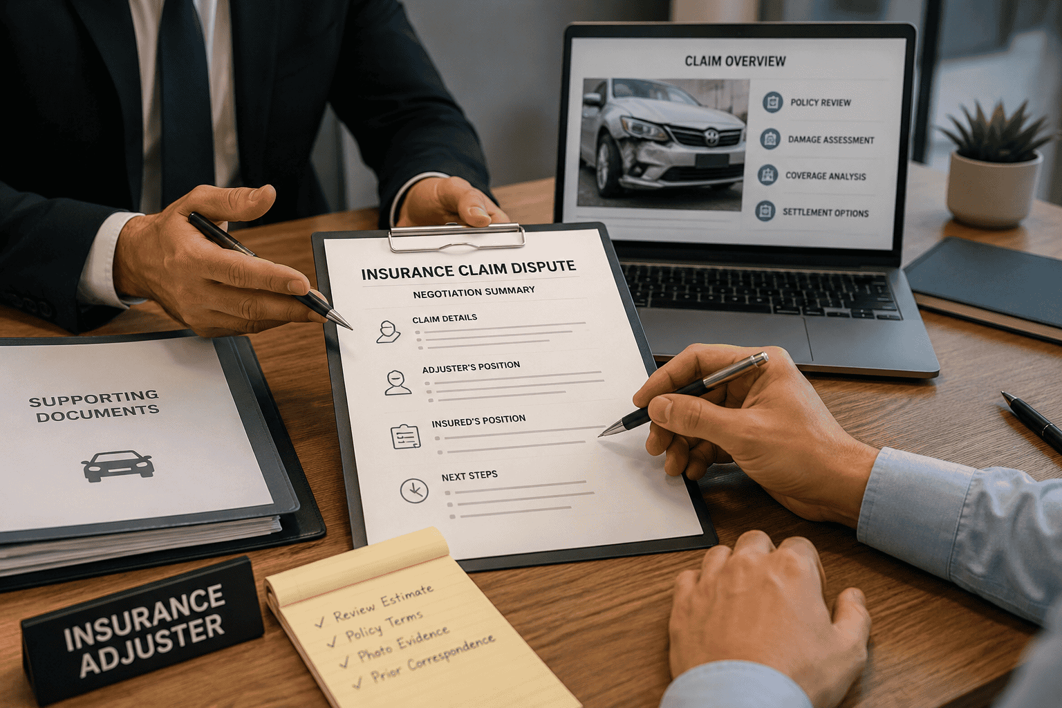 Person reviewing an insurance claim dispute negotiation summary with an adjuster, supporting documents and laptop showing claim overview on desk