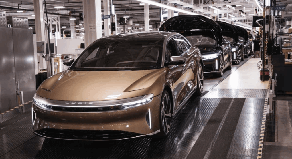 Lucid Air vehicles on the assembly line, as Lucid Motors cuts 18% of its workforce in 2026