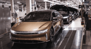 Lucid Air vehicles on the assembly line, as Lucid Motors cuts 18% of its workforce in 2026