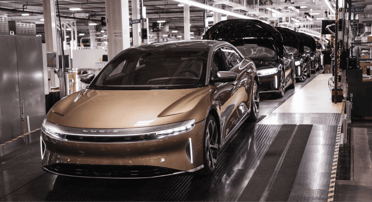 Lucid Air vehicles on the assembly line, as Lucid Motors cuts 18% of its workforce in 2026