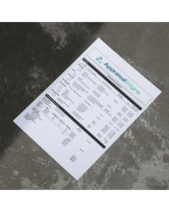 A printed AppraisalEngine repair estimate document lying on a gray concrete surface, showing itemized charges for auto repairs.