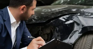 Male insurance adjuster inspecting front-end damage on a black car with clipboard in hand