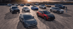 Lineup of Toyota hybrid and electric vehicles, reflecting the automaker's multi-powertrain strategy in 2026