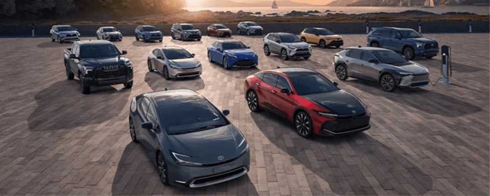 Lineup of Toyota hybrid and electric vehicles, reflecting the automaker's multi-powertrain strategy in 2026