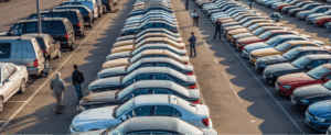 Buyers inspecting rows of used cars at a wholesale auction lot before pricing by condition