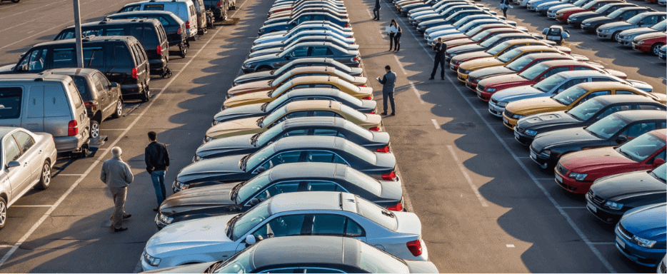 Buyers inspecting rows of used cars at a wholesale auction lot before pricing by condition