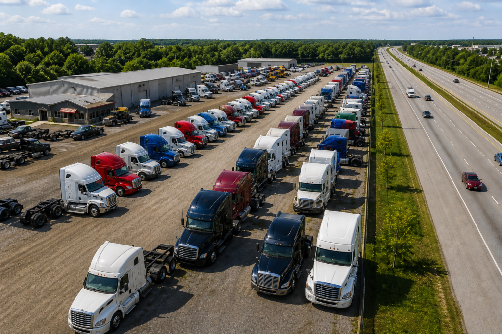 Aerial view of a large commercial truck auction lot with rows of sleeper tractors lined up next to a highway
