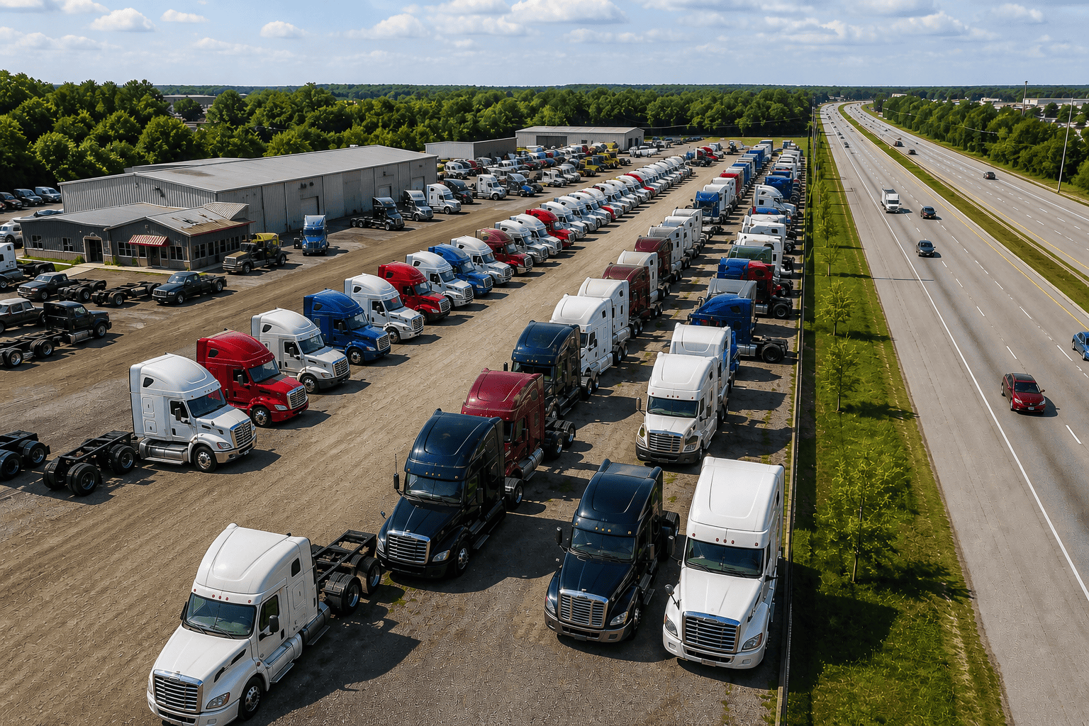 Aerial view of a large commercial truck auction lot with rows of sleeper tractors lined up next to a highway