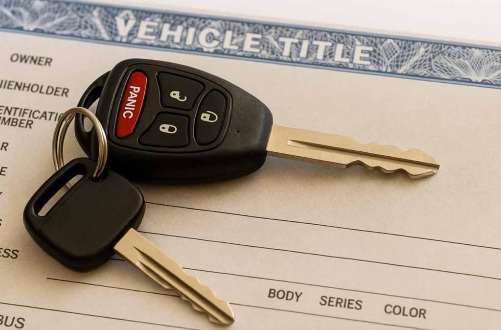 Car keys placed on a vehicle title document illustrating salvage title vs rebuilt title and the impact on vehicle value