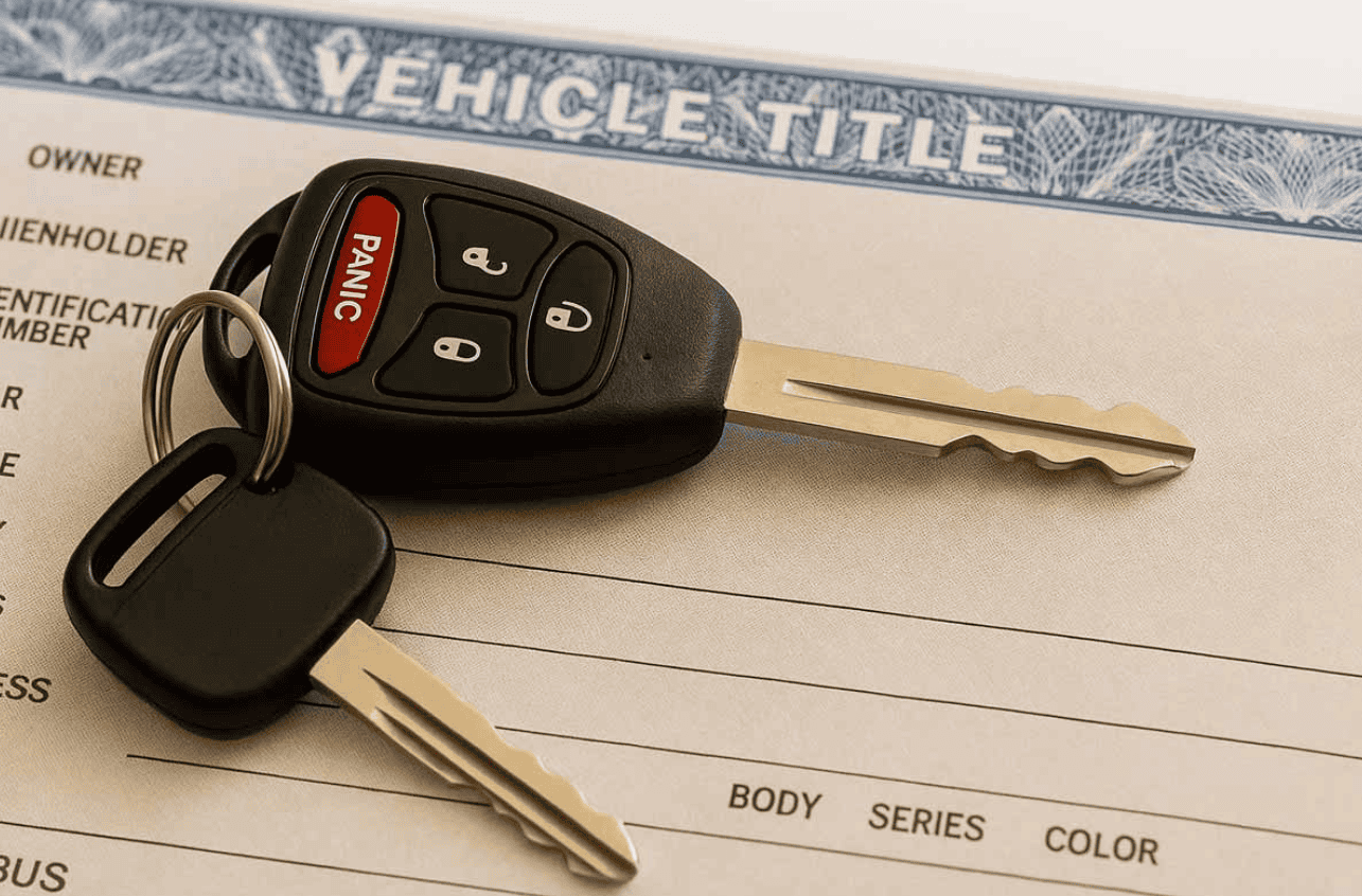 Car keys placed on a vehicle title document illustrating salvage title vs rebuilt title and the impact on vehicle value